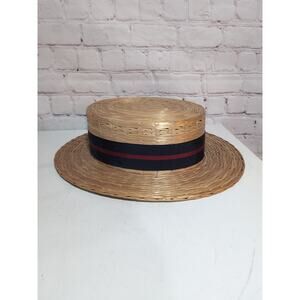 Vtg Straw Boater Hat Skimmer Men Size 7 1/4 Grosgrain Ribbon Kaufmanns Fifth Ave